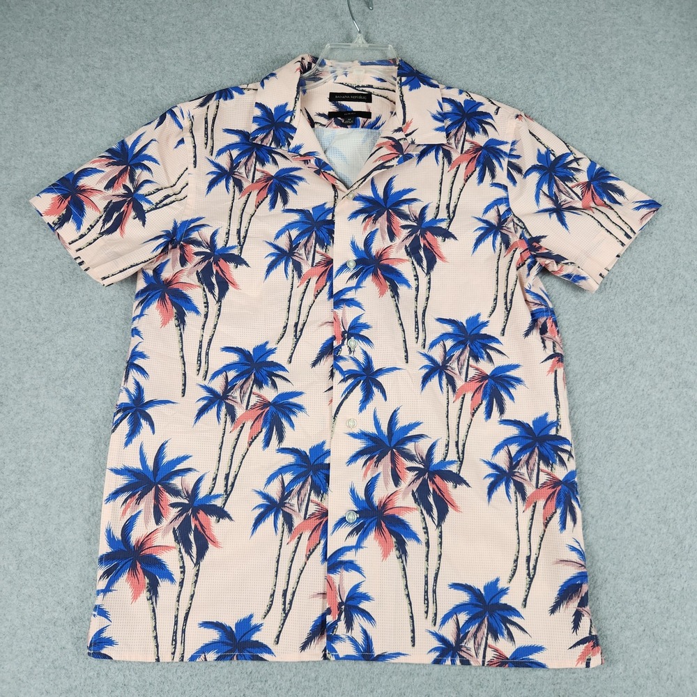 Banana Republic Shirt Men M Peach Blue Palm Tree Slim Fit Short Sleeve Button Up